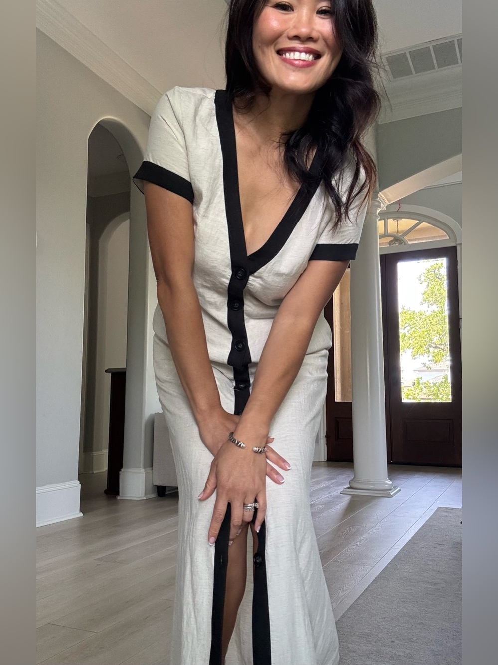 ✨COMMENSE Cotton & Linen High-Slit Contrast Trim Dress Black and White✨ - Picture 10 of 10